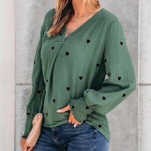Cupshe Green Cuffed Sleeve Blouse Relaxed Fit